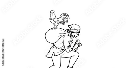 Thief with Rooster on Bag, Blindfolded, Sneaking
