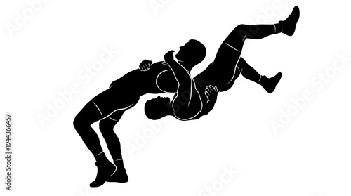 Dynamic monochrome illustration capturing the intense struggle between two wrestlers locked in a powerful athletic throw, symbolizing strength, competition, and sportsmanship in combat sports
