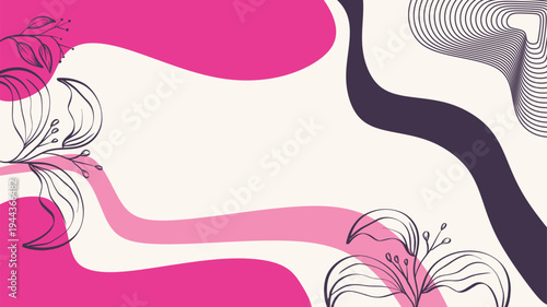 Dynamic floral graphic background featuring flowing pink and purple organic shapes with delicate flower line art for creative design projects