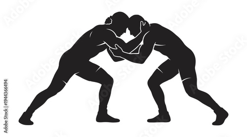 Striking silhouette graphic capturing two determined athletes in a wrestling embrace, symbolizing the intense competitive spirit, raw strength, and strategic challenge