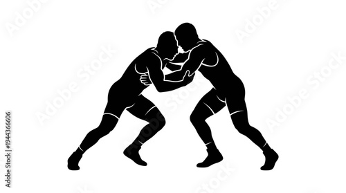 Dynamic silhouette illustration of two wrestlers locked in a competitive grapple, showcasing strength, sport, and strategic combat action, perfect for themes of challenge and victory