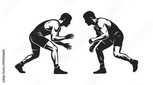 Dynamic vector illustration depicting two male wrestlers in a focused, ready stance, poised for competitive combat, symbolizing strength, determination, and athletic spirit in sports