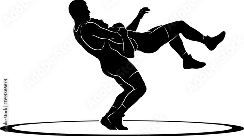Powerful silhouette showcasing the raw strength and athletic prowess of two wrestlers locked in a dynamic grapple, an iconic representation of intense combat sport