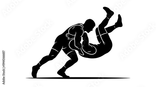 Dynamic black and white silhouette illustration of two male wrestlers engaged in a fierce grappling match, showcasing power and technique in the intense sport of wrestling
