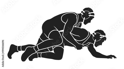 Silhouette of Two Wrestlers Grappling on the Mat in a Competitive Match