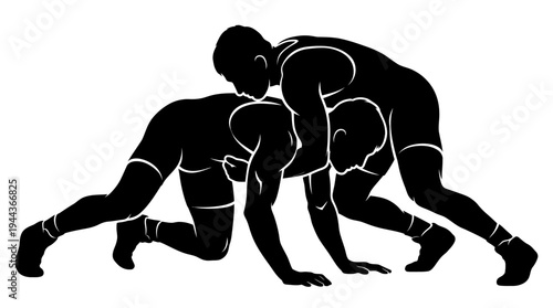 Illustration of two wrestlers grappling in a close, intense match, symbolizing athletic competition and sport