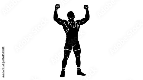 Powerful silhouette of a triumphant athlete celebrating victory with arms raised, embodying strength, achievement, and the spirit of competition