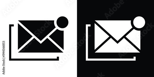 Bold solid mail icon featuring an envelope with a circular notification badge. High-contrast black and white graphics representing unread messages, incoming mail, and app notifications.