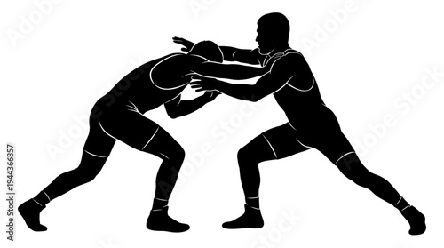 Dynamic silhouette illustration of two male wrestlers engaged in an intense grappling match, showcasing the power and technique of the sport