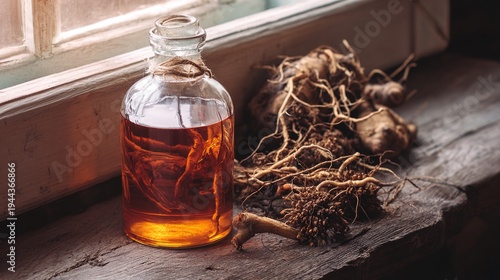 angelica. A rustic glass jar of amber herbal liquor with angelica root on a wooden surface. bar promotions, beverage menus, designed for food & beverage menus and cafe branding, used by ux designers.