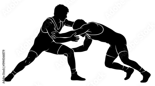 Dynamic silhouette illustration of two male wrestlers locked in a competitive grapple, showcasing strength and sportsmanship in a classic combat sport