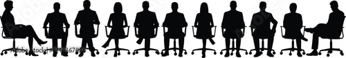 Business people sitting in office chairs silhouettes row isolated on white background, corporate meeting team concept vector illustration