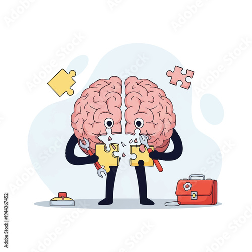 A cartoon brain character with a puzzled expression holds together a jigsaw puzzle piece in front of its face, surrounded by tools and a first aid kit on a clean white background with a