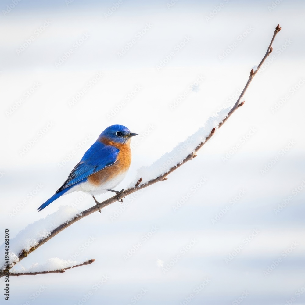 Obraz premium Serene Bluebird Resting on Snow-Covered Branch