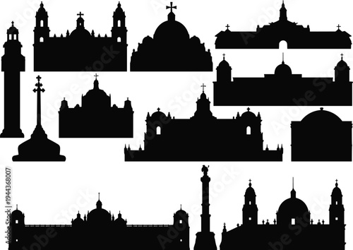 Christian church and cathedral landmarks silhouettes collection isolated on white background, historic religious architecture skyline vector illustration set