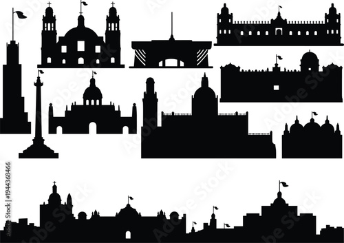India famous landmarks silhouettes collection including Taj Mahal India Gate Gateway of India Red Fort Charminar Qutub Minar skyline set