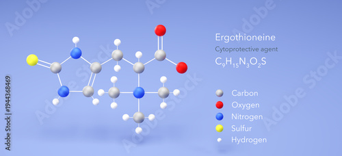ergothioneine molecule, molecular structure, cytoprotective agent 3d model, Structural Chemical Formula and Atoms with Color Coding