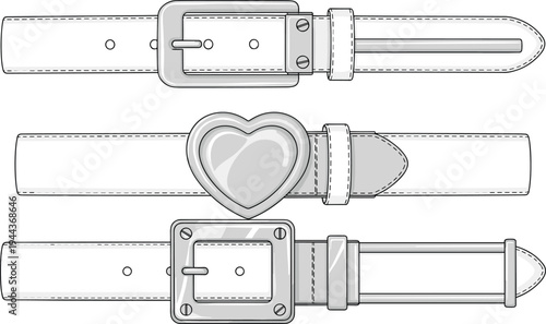 Fashion belt set with heart buckle and square metal hardware, cad drawing flat vector illustration, technical accessory sketches for apparel.