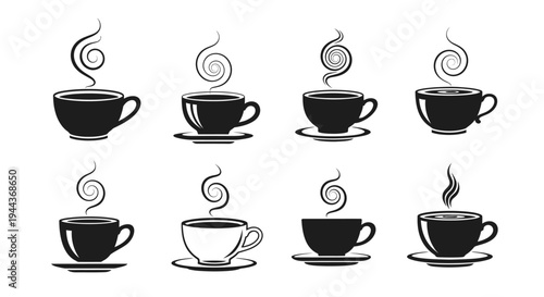 Variety of steaming coffee cups and mugs in black and white with spiral vapor representing warmth and fresh aroma