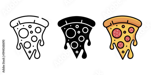 Three stylized pizza slices with different toppings and faces Vector