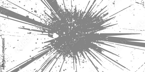 Abstract radial explosion with ink splatter lines bursting from the center, high-contrast black and white, dynamic motion, vintage grunge texture vector illustration, minimalist background.