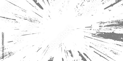 Abstract radial explosion with ink splatter lines bursting from the center, high-contrast black and white, dynamic motion, vintage grunge texture vector illustration, minimalist background.