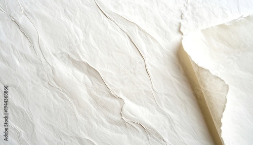 Crumpled beige paper texture with layered torn sheets, abstract natural paper background with soft shadows and organic material surface