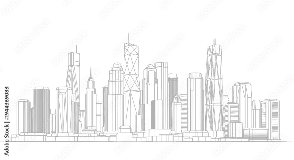 Fototapeta premium Minimalist Line Art City Skyline with Modern Skyscrapers and Buildings on Isolated White Background