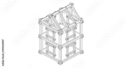 Isometric Wooden Two-Story Building Frame Construction Structure on Isolated White Background