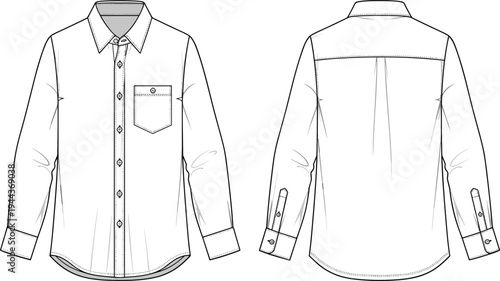 Men's White Button Down Long Sleeve Shirt Technical Flat Sketch Front and Back View CAD Drawing Fashion Vector Illustration Template
