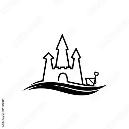 A stylized sandcastle on a wavy shore