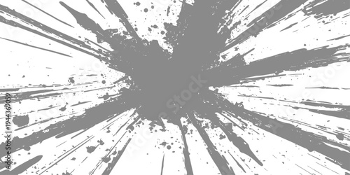 Abstract radial explosion with ink splatter lines bursting from the center, high-contrast black and white, dynamic motion, vintage grunge texture vector illustration, minimalist background.