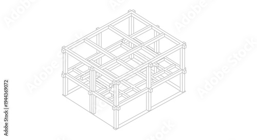 Isometric Wireframe Building Structure or Modular Construction Frame on Isolated White Background