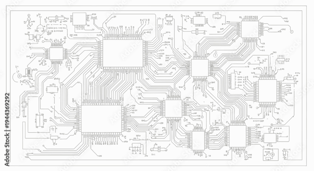 Obraz premium Detailed Circuit Board Diagram with Electronic Components and Microchips on Isolated White Background