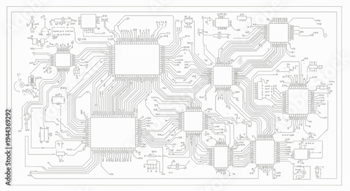 Detailed Circuit Board Diagram with Electronic Components and Microchips on Isolated White Background