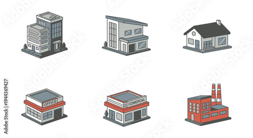 Set of Colorful Isometric Building Icons Including Modern House, Traditional House, Office, Commercial Store, and Factory on Isolated White Background
