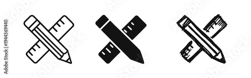 Pencil and Ruler Crossed Icon Set in Outline, Solid, and Hand-Drawn Styles for Design and Education.