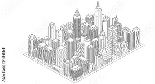 Isometric Wireframe Drawing of a Dense City Block with High-Rise Buildings and Streets on Isolated White Background