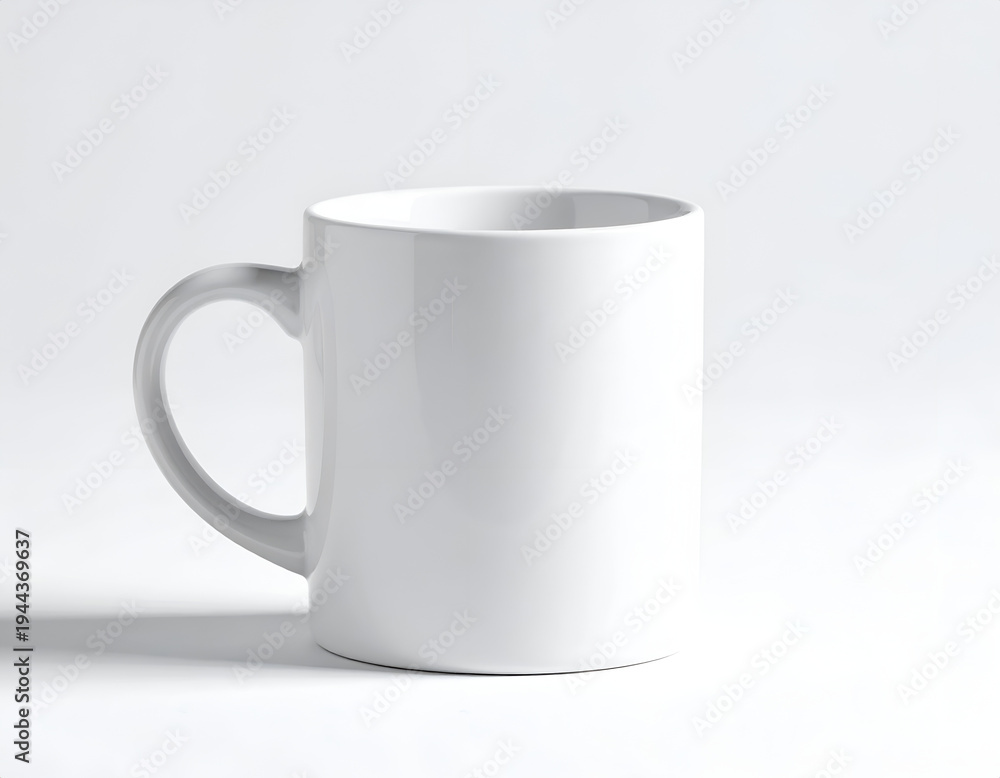Obraz premium Plain white ceramic mug with handle against a soft white background