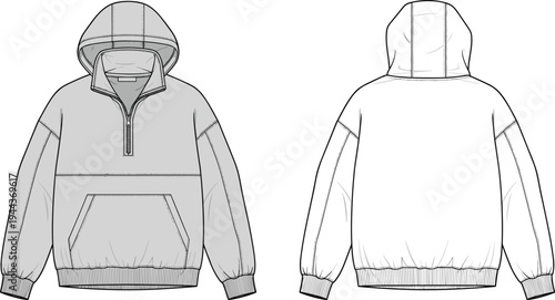 Women's half zip hooded sweatshirt front and back view, CAD drawing flat vector illustration, fashion technical sketch, streetwear kangaroo pocket apparel design.