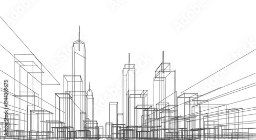 Abstract City Skyline Outline with Modern Skyscrapers and Buildings on Isolated White Background