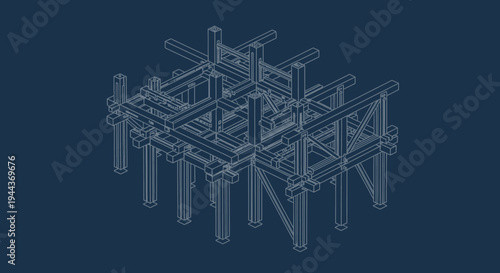 Isometric construction framework blueprint on dark blue background