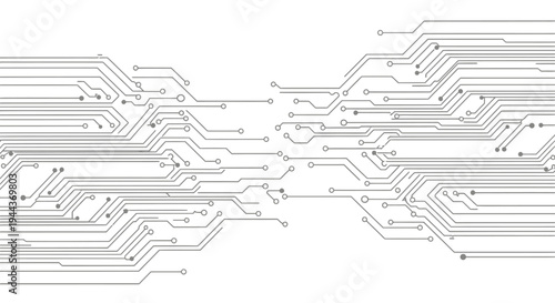 Abstract circuit board pattern with electronic traces and components, illustrating digital technology pathways, isolated white background.
