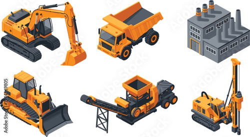 Industrial construction machinery set with excavator dump truck bulldozer drilling machine conveyor system and factory building for engineering industry