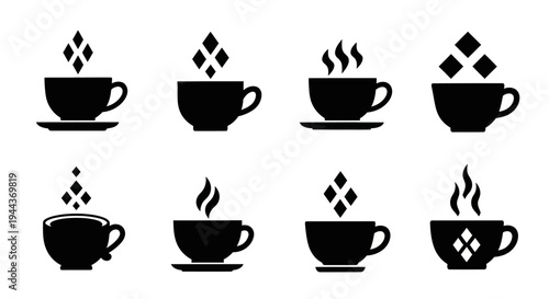 collection of eight simple black coffee cup icons showing sugar cubes and rising steam effects
