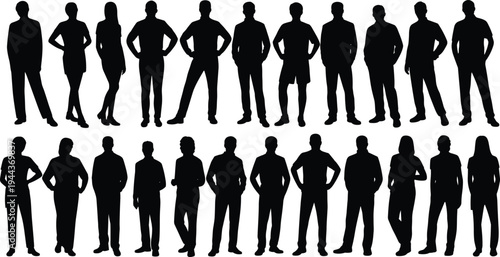 Large group of business people silhouettes standing collection isolated on white background, professional men and women team vector set