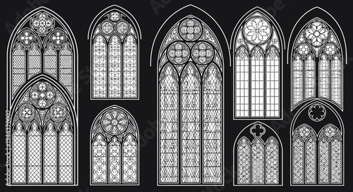 Collection of ornate gothic arched windows with intricate patterns on a solid black background, showcasing historical architectural details.