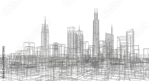 Abstract wireframe cityscape illustration with modern architectural structures and geometric building outlines.