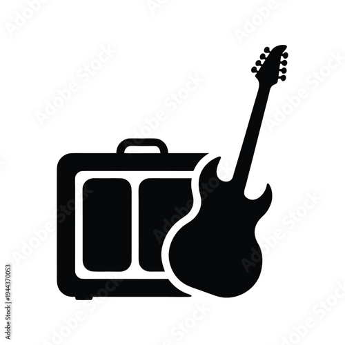 Minimalist Music Monochrome Guitar and Amplifier Icon isolated on White Background