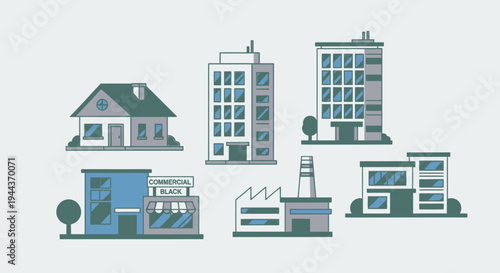 A collection of diverse building types including residential homes, modern offices, commercial stores, and industrial factories in a flat design style.